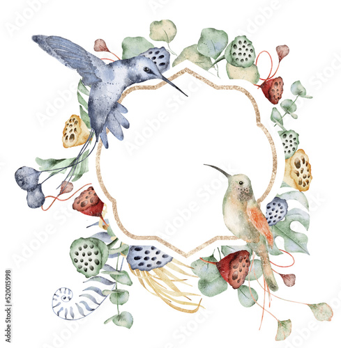Watercolor tropical exotic frame with hummingbird hand drawn illustration