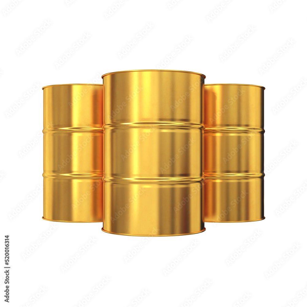 A group of golden metal barrels on a white background, 3d render A group of golden metal barrels on a white background, 3d render