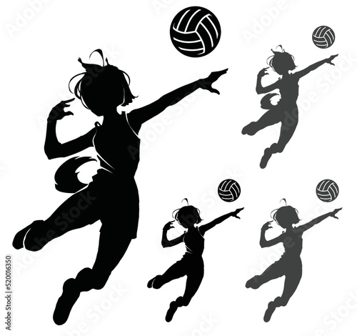 A black silhouette of a cat girl in a dynamic pose of a volleyball player, she is preparing to hit a ball flying up with her palm. 2d action anime art.