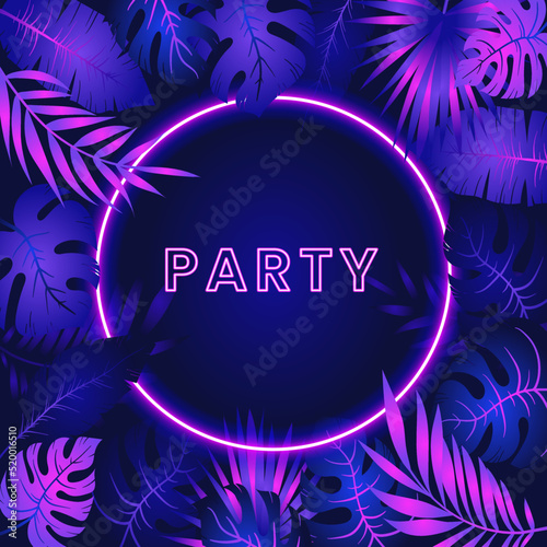 Banner template of glowing neon frame with tropical exotic plant, palm tree leaves, vector isolated illustration. Jungle foliage borders, banners. Tropical summer beach vacation, night party design.