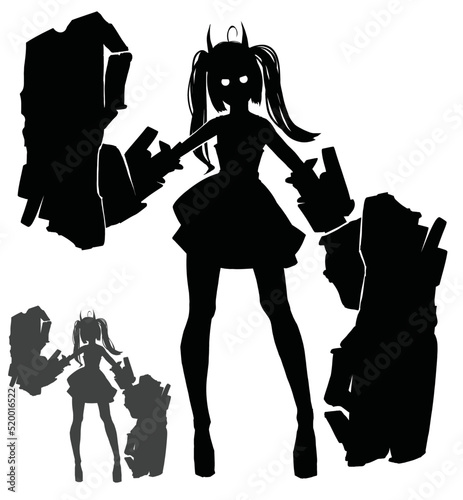 Black silhouette of a cyborg girl with huge prosthetic hands the size of a man, she has long legs and pigtails, as well as horns, 2d anime art photo