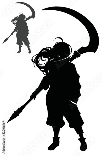 The black silhouette of a boy with long hair fluttering in the wind and a huge braid is bigger than him, he is wearing a windbreaker jacket and breeches. 2d anime art