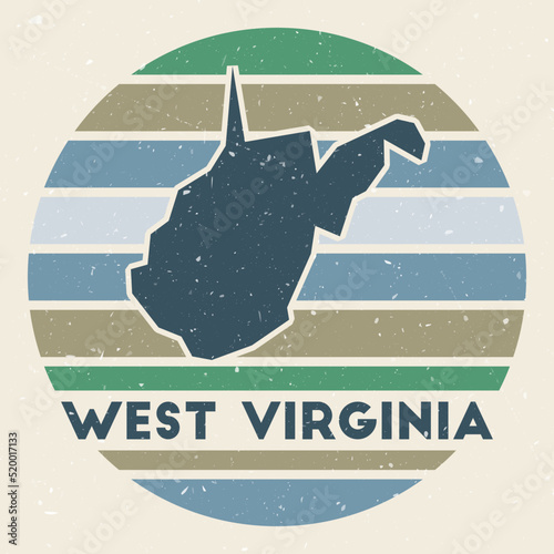 West Virginia logo. Sign with the map of US state and colored stripes, vector illustration. Can be used as insignia, logotype, label, sticker or badge of the West Virginia.