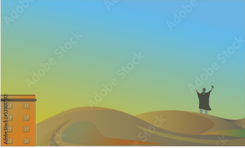 Arabian man in the desert giving a signal to coming distant coffle 