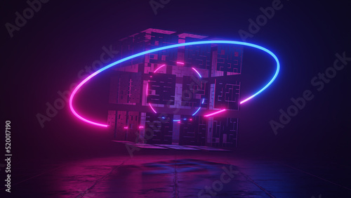 Pink and Blue Circle Neon Geometry 3D Rendering