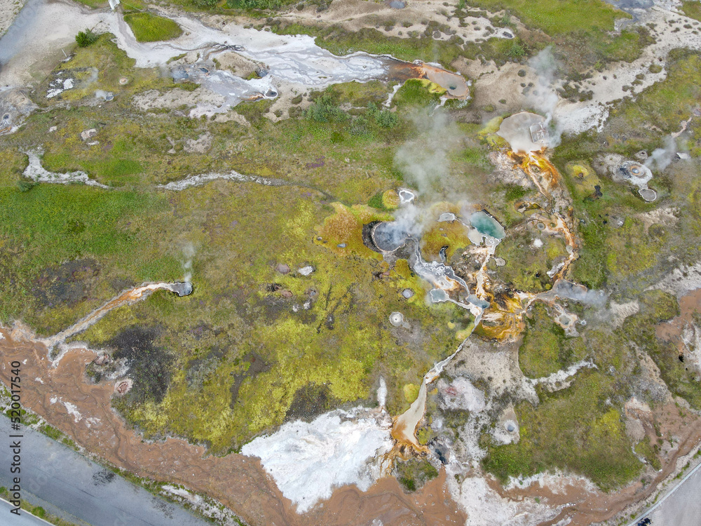 Drone view at the geothermal field of Geysir in Iceland