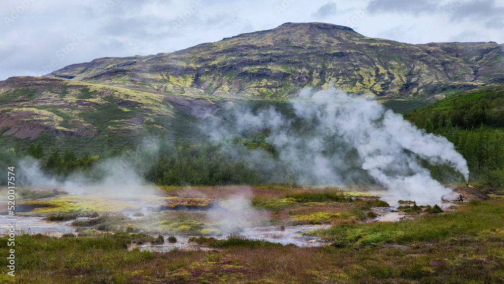 View at the geothermal field of Geysir in Iceland