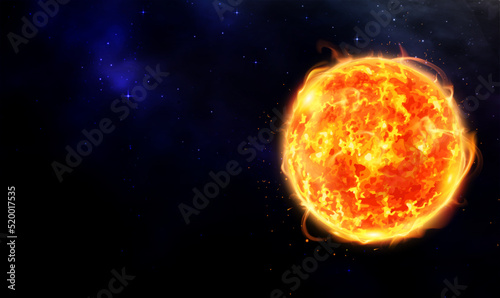 Sun surface with solar flares against dark galaxy starry sky. Vector Sun in Space with Plasma Background. Sun with rays bursts and glow on space background. Fire Planet or Red Planet. Vector EPS10