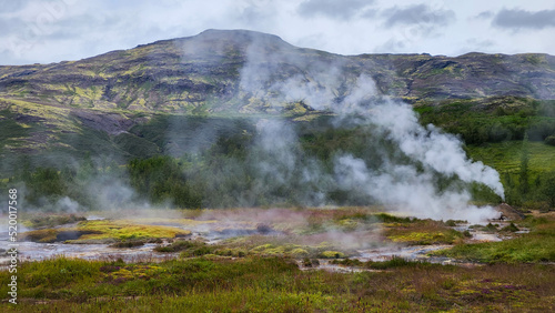 View at the geothermal field of Geysir in Iceland