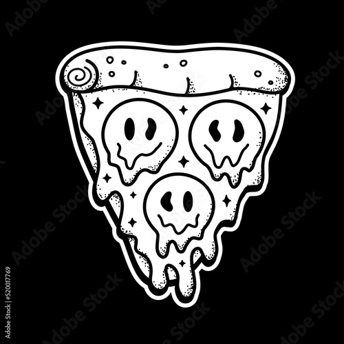Pizza slice with melt smile face t-shirt print. Vector doodle line cartoon character illustration.Pizza,trippy smile face,acid print on poster, t-shirt,logo concept