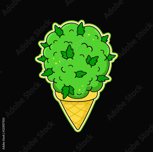 Shiny green marijuana weed bud ice cream t-shirt print design. Vector hand drawn trendy cartoon logo illustration. Ice cream cannabis, weed,marijuana print for t-shirt, poster, logo, sticker concept