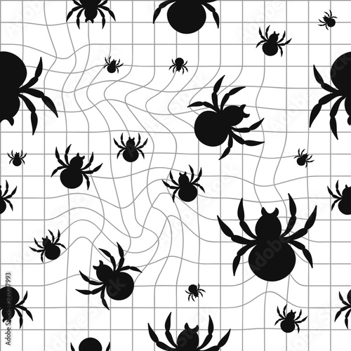 Black and white distorted grid,spiders seamless pattern. Vector illustration. Deform warp grid,distortion,techno,spider seamless pattern wallpaper concept