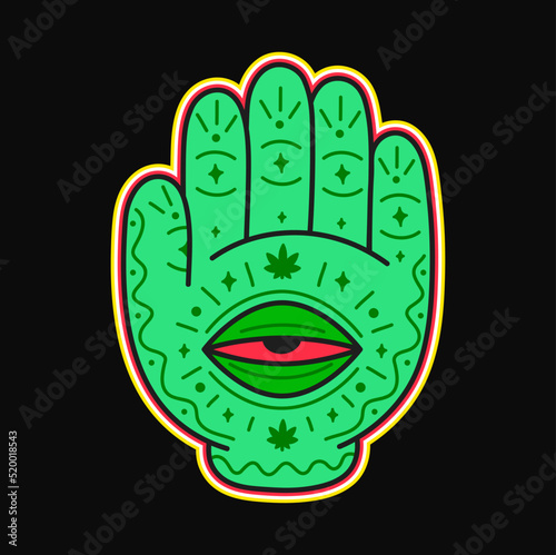 Hand with open red eye print for t-shirt,tee. Vector cartoon character illustration logo design. Magic hand,palm with eye,weed,cannabis,marijuana print for t-shirt,tee,logo concept