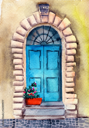 Watercolor illustration of a beautiful antique turquoise wooden door, under a stone arched vault, with steps and a red flowerpot