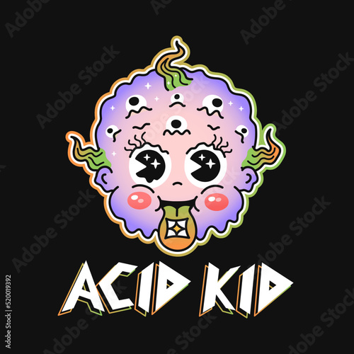 Funny acid kid print for t shirt. Vector line doodle traditional retro cartoon illustration. Acid kid quote. Funny vintage trippy,psychedelic character cartoon print poster,t-shirt,sticker concept