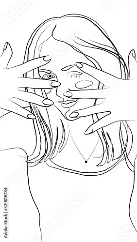 Black and white contour illustration for self-coloring. Coloring page with the image of a perky girl who winks.