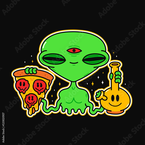 Funny green alien with pizza slice and bong.Vector logo cartoon character illustration.Green alien,smoke weed,bong,marijuana,cannabis print for t-shirt,poster,sticker,logo art concept