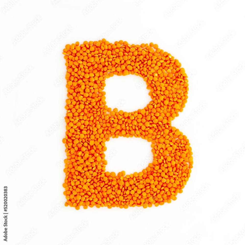 Capital letter B made from red lentils. Lentil font. White background. Bright font for menu or food blog. Lettering design element. Init cap Capital letter B made from red lentils. Lentil font. White background. Bright font for menu or food blog. Lettering design element. Init cap