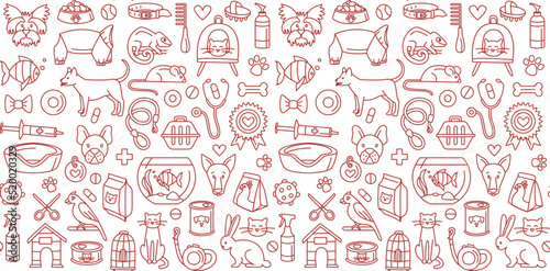 Pet store dogs, cats, birds, other domestic animals seamless pattern