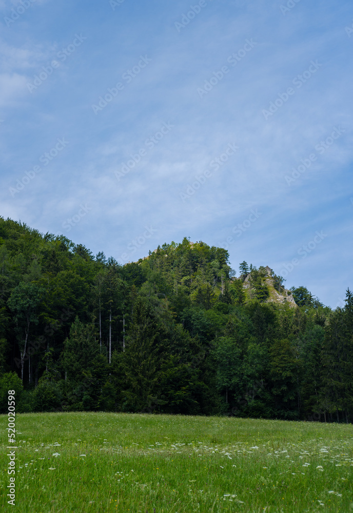 The Nockstein is a crag on the northeast slope of the Gaisberg mountain in the north of the state of Salzburg, long shot.