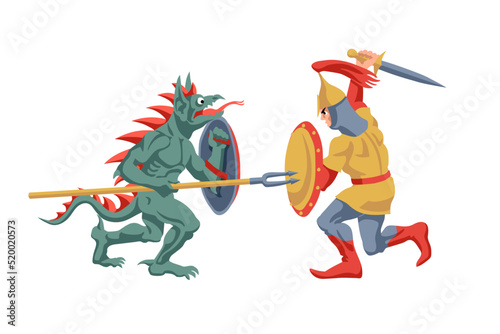 A medieval knight is fighting the devil. Good and evil. Color vector illustration isolated on a white background in a cartoon and flat design.