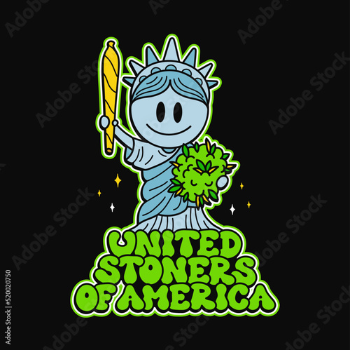 Cute New York Statue of Liberty with joint and weed bud print for t-shirt.Vector cartoon character illustration. Statue of Liberty,New York,weed,cannabis print for t-shirt, poster,sticker concept