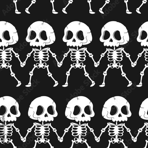 Cute skeleton dance and hold hands seamless pattern. Vector hand drawn doodle cartoon character illustration. Trendy skeleton,bones,skull print for t-shirt, poster seamless pattern concept