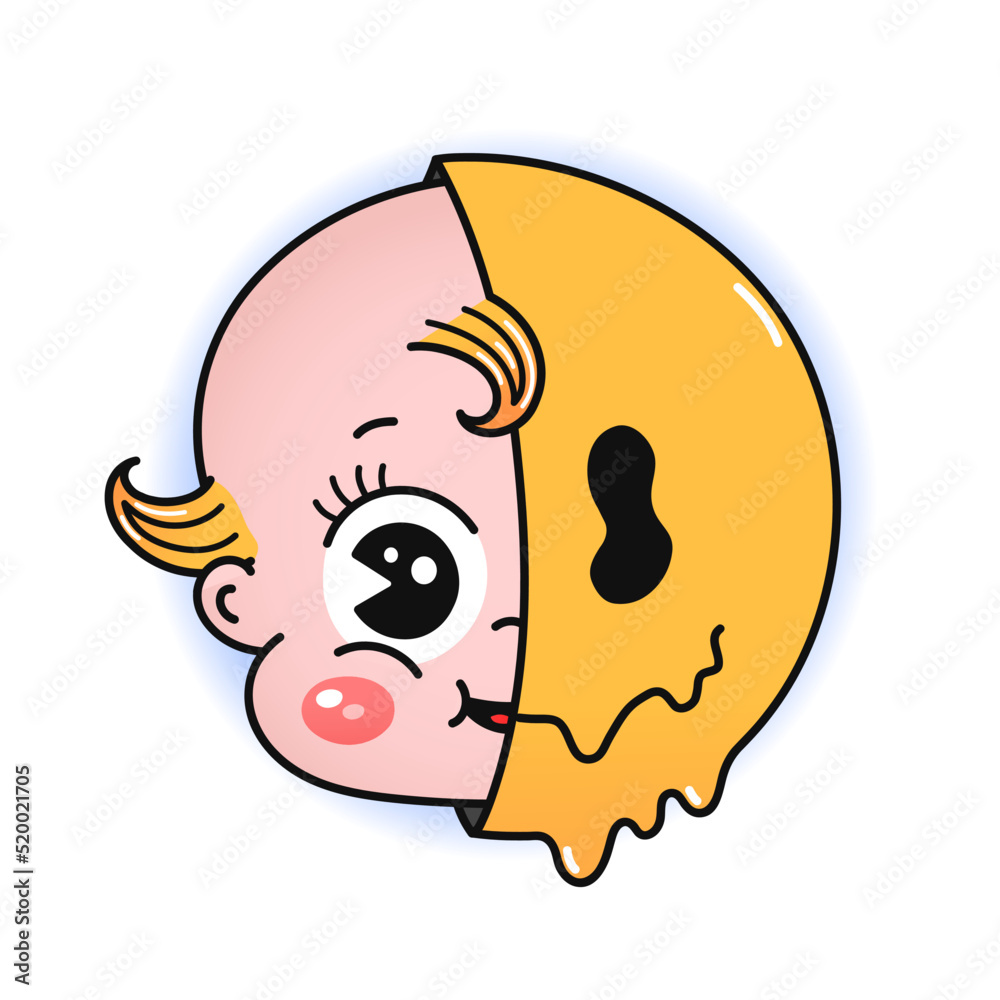Funny baby head and smile face print for t shirt.Vector line doodle traditional retro cartoon illustration.Funny vintage cartoon print poster,t-shirt,sticker concept