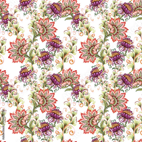 Paisley jacobean flower indian folk pattern. Damask floral illustration for textile texture
