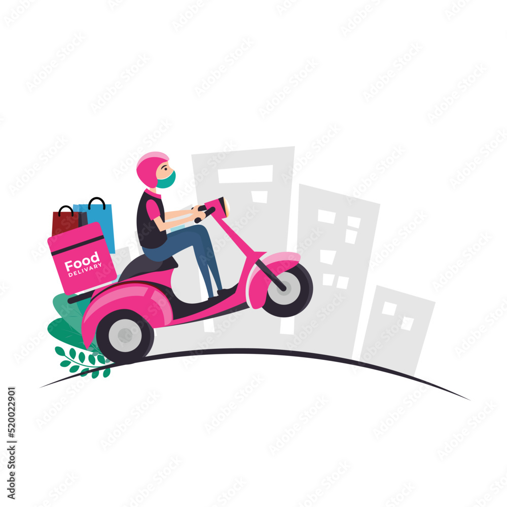 Express Delivery, Scooter delivery, Online delivery service, online order tracking, home delivery, shipping. Man on the bike with mask Express Delivery, Scooter delivery, Online delivery service, online order tracking, home delivery, shipping. Man on the bike with mask