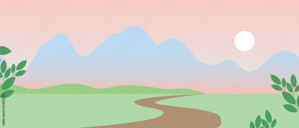 Fototapeta premium Mountain landscape with road and sunrise, flat vector stock illustration or horizontal banner for design