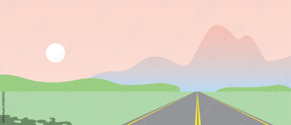 Mountain landscape with road in morning or evening, flat vector stock illustration or copy space backdrop, no people