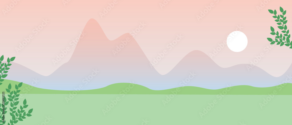 Mountain landscape with bushes in morning or evening, flat vector stock illustration, outdoors and nobody for overlay