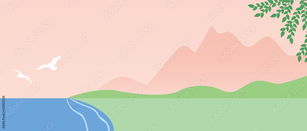 Mountain landscape with sea or lake in morning or evening, flat vector stock illustration as template for overlay and design, copy space backdrop