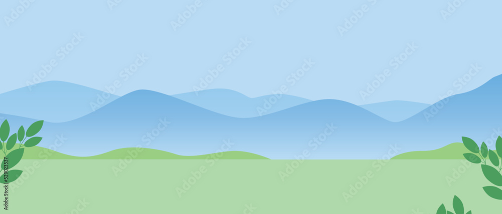 Mountain landscape by day as template for design, flat vector stock illustration and nobody for overlay, copy space backdrop,