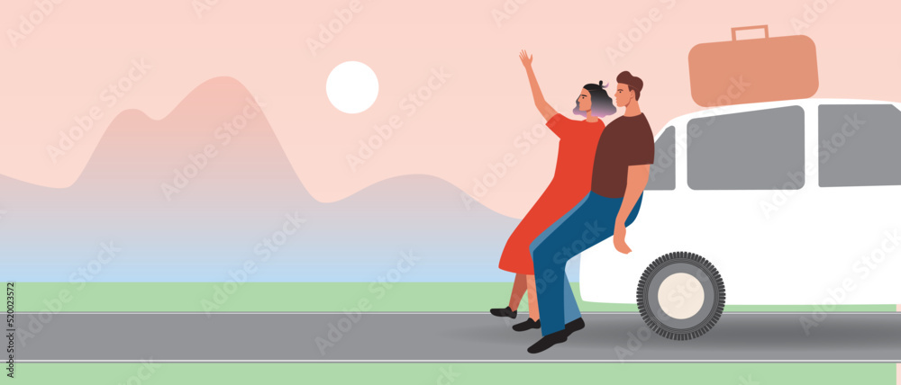 Happy people on road trip, couple admiring beautiful landscape, flat vector stock illustration or template with space for text Happy people on road trip, couple admiring beautiful landscape, flat vector stock illustration or template with space for text