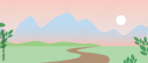Mountain landscape with road and sunrise  flat vector stock illustration or horizontal banner for design