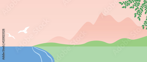 Mountain landscape with sea or lake in morning or evening  flat vector stock illustration as template for overlay and design  copy space backdrop