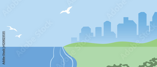 Seascape with city and sea day in summer, flat vector stock illustration or copy space backdrop, no people