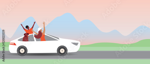 Happy multicultural couple with dog on road trip, flat vector stock illustration or template with space for text