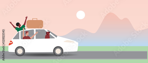 Happy LGBTQ people with dog and luggage on car on road trip, flat vector stock illustration or template with place for text