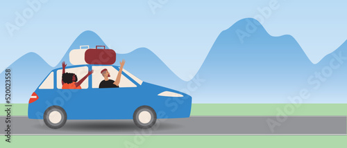 Happy married couple with luggage on road trip, flat vector stock illustration or template with space for text as mountain landscape
