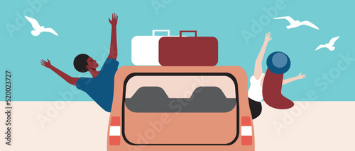 Happy couple on beach by car, vector stock illustration with woman and African man on road trip