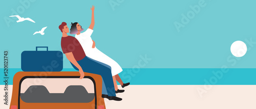 Modern couple admiring ocean view on roof of car, vector stock illustration or copy space template with road trip
