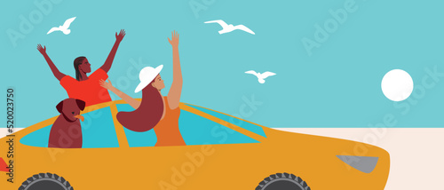 Couple with dog admiring ocean view by car, vector stock illustration with road trip