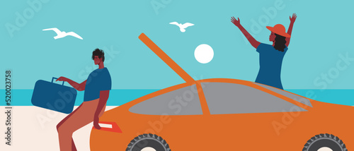 African couple celebrate joy of arrival with bags being unpacked, vector stock illustration with road trip