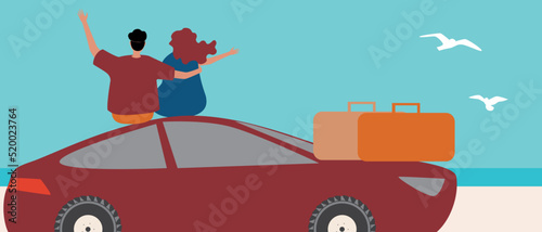 Happy couple celebrate joy of arrival, vector stock illustration or copy space template with road trip