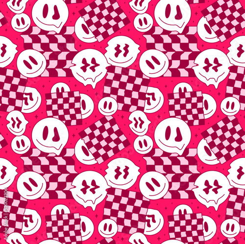 Funny melt smile faces geometry seamless pattern.Vector crazy cartoon character illustration.Smile techno faces melting acid,trippy,cells,techno,space seamless pattern wallpaper print concept