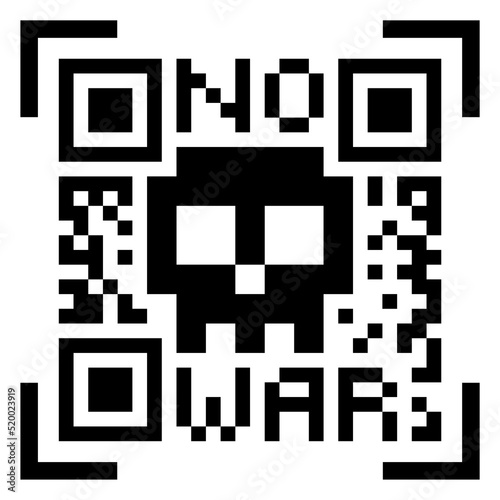 vector black pixel pattern human skull stylized as qr code. text "no war". isolated on white background. useful as halloween card, all saints day, for web and graphic design, t-shirt print, poster