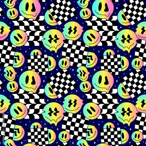 Funny melt smile gradient faces geometry seamless pattern.Vector crazy cartoon character illustration.Smile techno faces melting acid,trippy,cells,techno,space seamless pattern wallpaper print concept